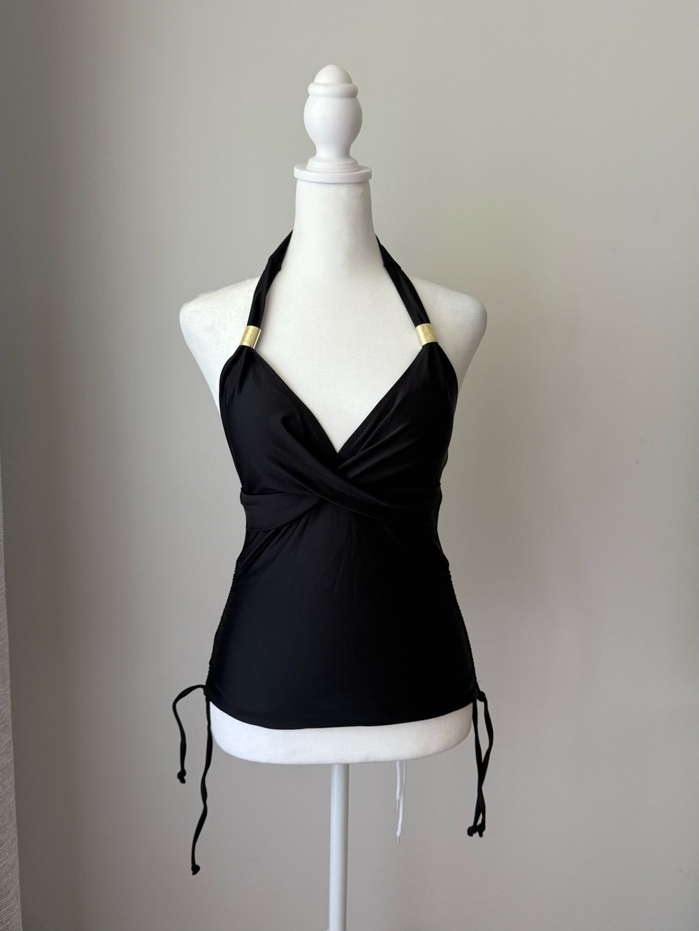 Beachsissi Black Halter Tankini Top Ruched Side Tie Swimsuit Women’s S NWT